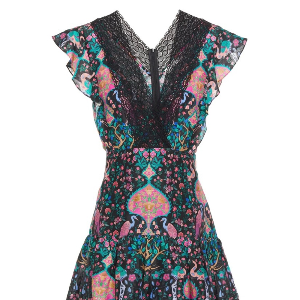Sandro Iveane lace-trimmed printed linen and silk-blend mini dress